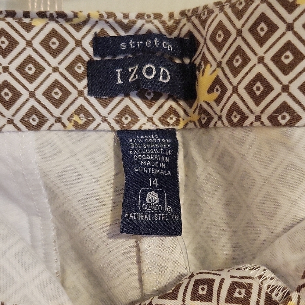 IZOD stretch brown, white Geo Print Crop Pants yellow accent front pockets NWT - Picture 3 of 7
